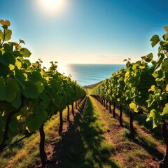 Naklejka premium Coastal vineyard with grapevines, sun-drenched rows overlooking ocean, cliff, horizon