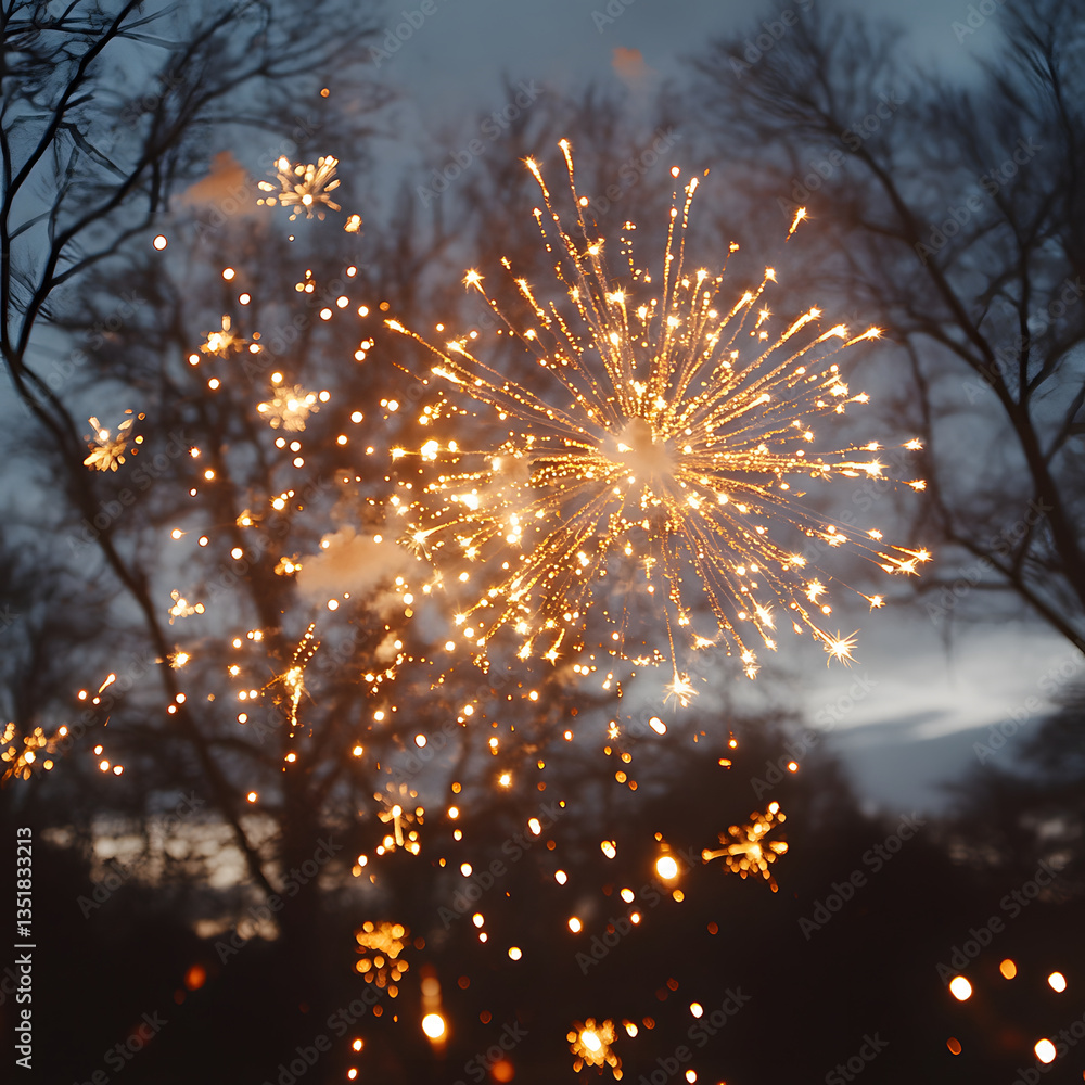 Aufkleber fireworks illuminate a dark evening sky with silhouettes of trees in the background