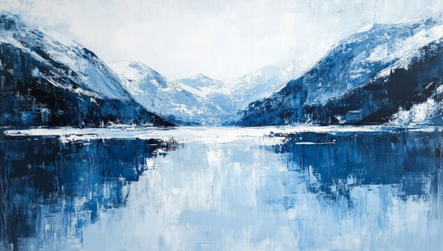 Serene winter lake, snow-capped mountains reflecting, peaceful landscape, art print - Powered by Adobe