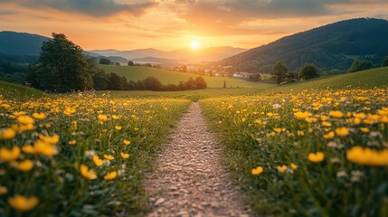 A winding pathway through a vibrant field during a sunset