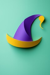 Purple and yellow jester hat cutout on soft mint green background