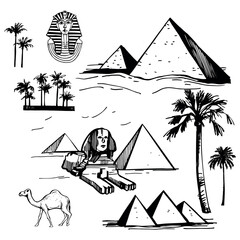Hand-drawn Egypt set. Sphinx, pyramids. Vector sketch illustration. 