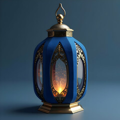 Naklejka premium Tall golden frame lantern with deep blue glass panels creating a regal and elegant decor accent 