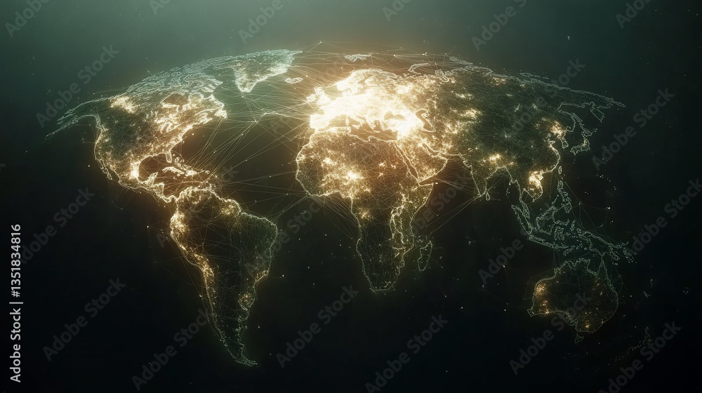 Poster world map with glowing city lights and connecting network lines on dark background