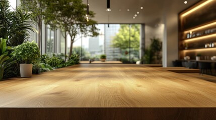 Fototapeta premium Modern Interior Design: Wooden Counter with Lush Greenery and City View