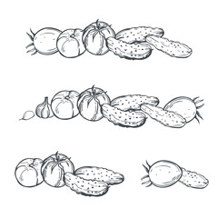 Hand-drawn vegetables on white background. Tomatoes and cucumbers. Vector sketch illustration.