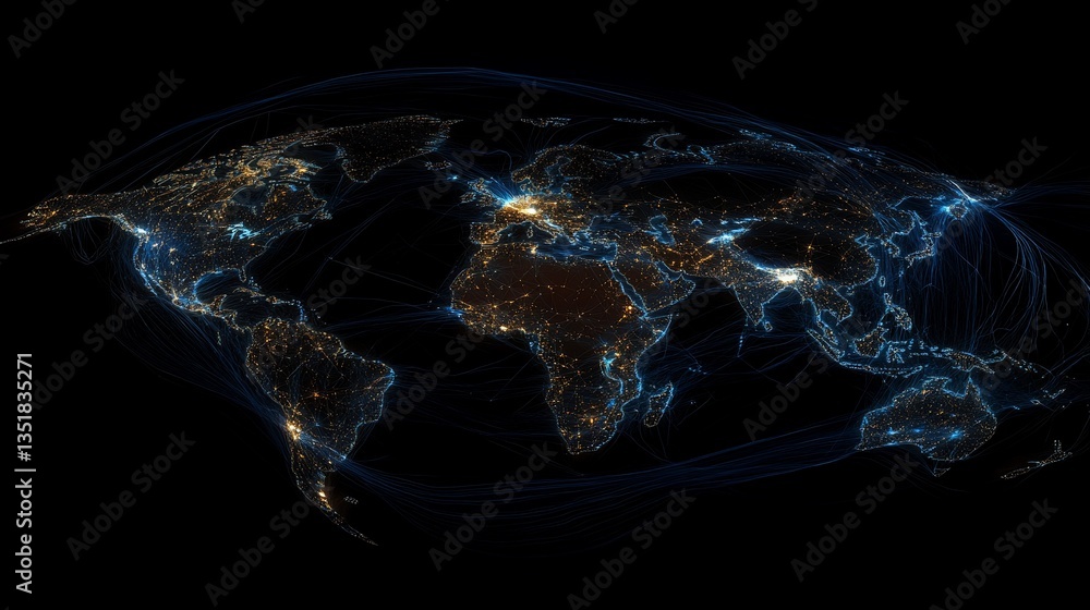Poster global network connections with illuminated cities on a world map displayed on a black background