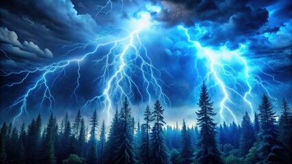 Icy storm with blue glowing lightning bolts illuminating a dark forest, stormy sky, electric glow © Kitiphong
