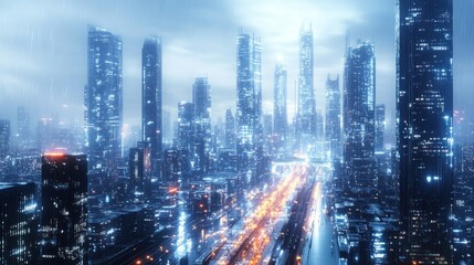Futuristic Cityscape: A Rainy Night in Megalopolis