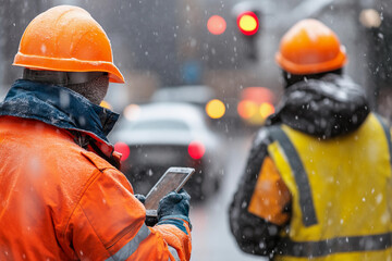 Worker in hard hat checking phone while another oversees construction project during snow in urban area