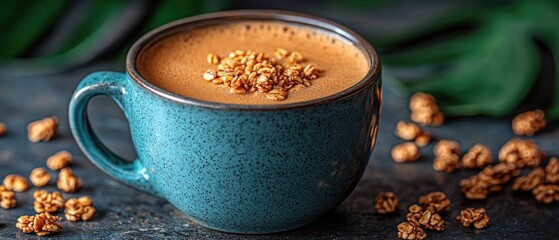 A teal mug filled with a creamy beverage topped with crunchy granola sits on a dark surface. Granola is scattered nearby