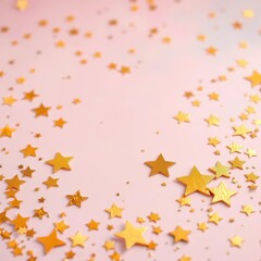 Scattered gold stars and confetti on pastel background, shimmer, photography, holiday