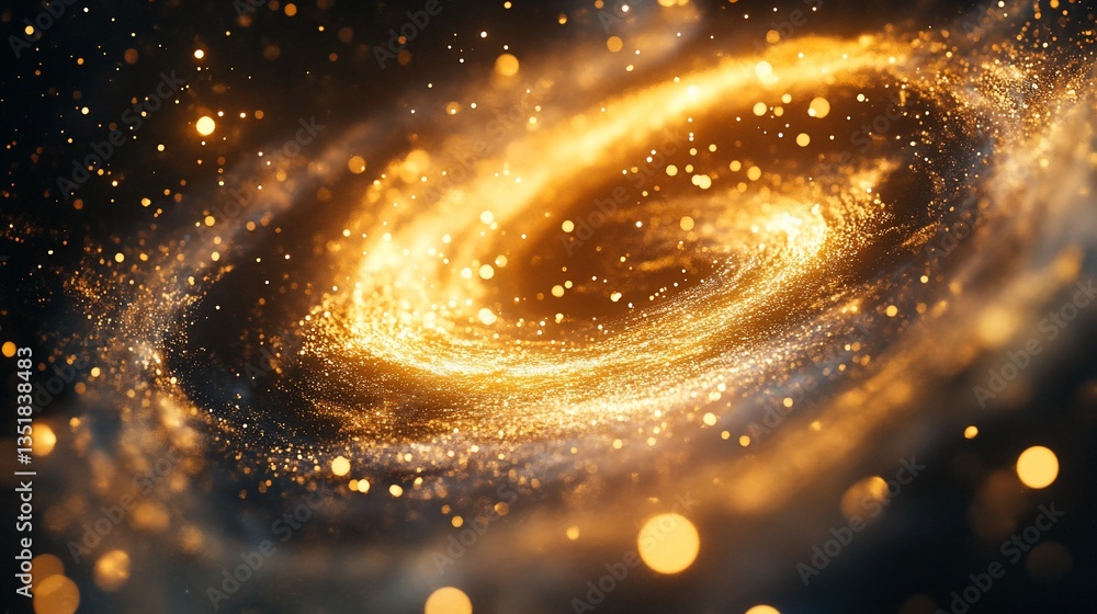 Poster abstract golden swirling galaxy with bokeh effect on dark background creating a majestic cosmic view