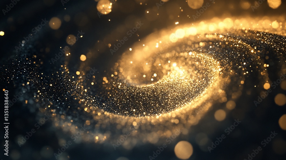 Poster golden swirling particle stream abstract art with bokeh effect on black background