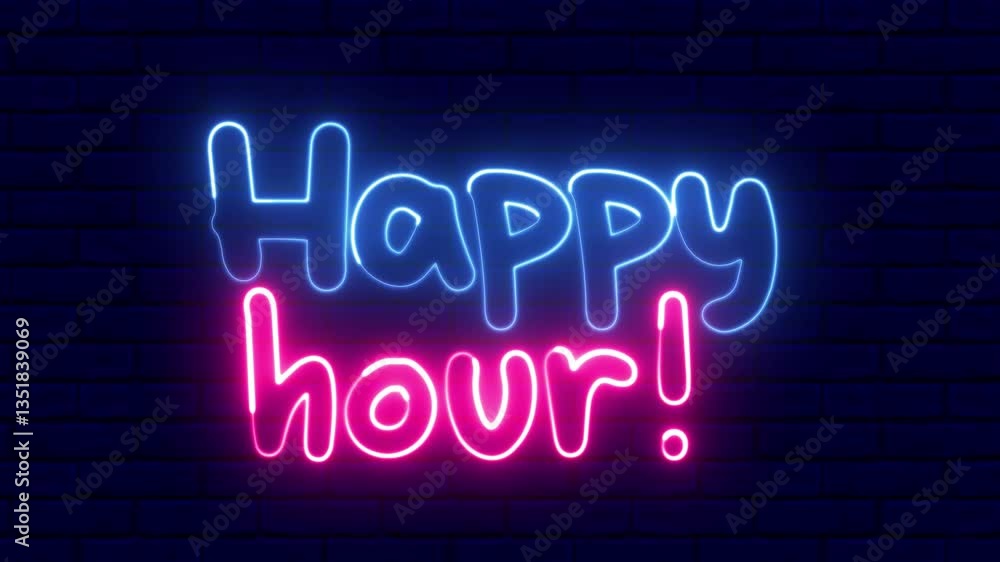 Poster happy hour neon sign. happy hour text font with light. luminous and shimmering haze inside the lette