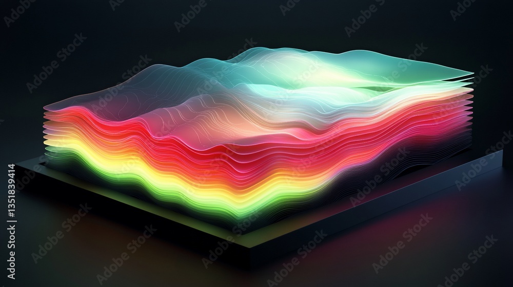 Poster colorful layered waves abstract graphic design on black background with depth