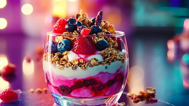 Colorful dessert parfait with layers of yogurt, berries, and granola on a vibrant table setting