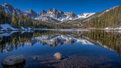 Alpine lake reflects snow-capped peaks, tranquil scene
