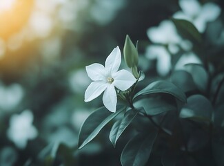 Obraz premium Close-up of a white star jasmine flower blooming in a garden with dark green leaves. Macro photography, blurred background, natural lighting, focus on the center of the flower, detailed texture 