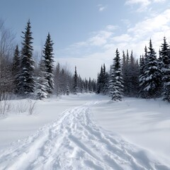 Obraz premium Snowshoeing trail, winter forest, sunny day, peaceful background, travel