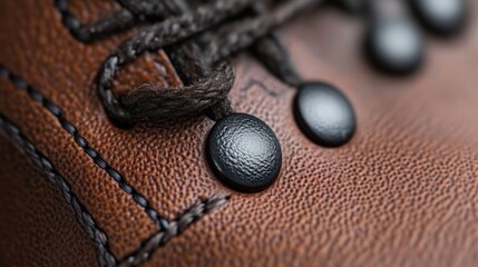 Close-up of brown leather hiking boots with black eyelets. Stitching details are visible