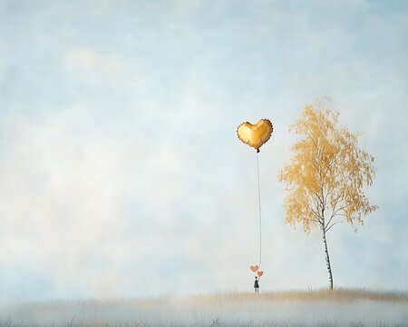 Heart Balloon for Autumn Field, Hopeful Scene.