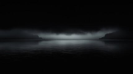 Mysterious fog over a calm dark water surface.