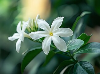 Obraz premium Close-up of a white star jasmine flower blooming in a garden with dark green leaves. Macro photography, blurred background, natural lighting, focus on the center of the flower, detailed texture 