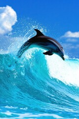 Fototapeta premium A dolphin leaps gracefully from vibrant turquoise waves under a clear blue sky, showcasing its acrobatic skills and the beauty of marine life.