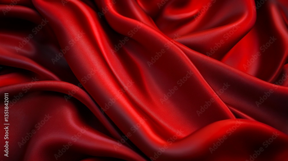 Poster abstract close up of shiny red silk fabric with soft folds and light reflection