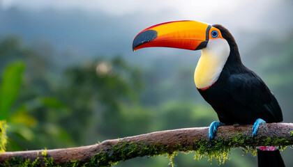 Fototapeta premium Amazing Toucan Birds with a huge beak and an exotic rainforest in the background scenery 