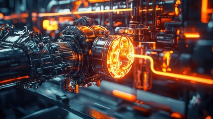 Fototapeta premium Futuristic Industrial Machinery: Glowing Orange Pipes and Metal Components