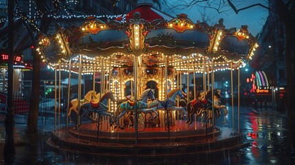 Enchanting carousel in a dark evening, illuminated by bright lights