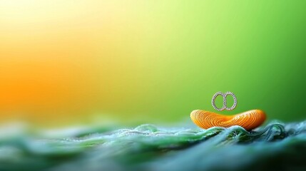 Intertwined rings hover above an orange, curved object resting on a soft green surface.  Sunlit background