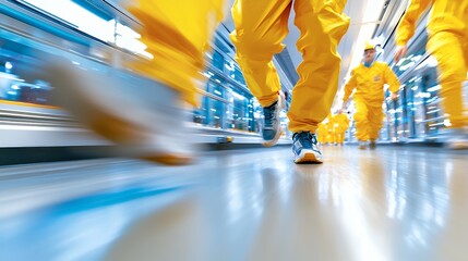 Obraz premium Workers Motion Blur in Yellow Protective Suits Pace Quickly
