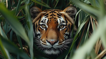Fototapeta premium Tiger peering through bamboo, jungle background, wildlife photography