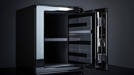 Sleek black fridge with open door showcasing shelves.