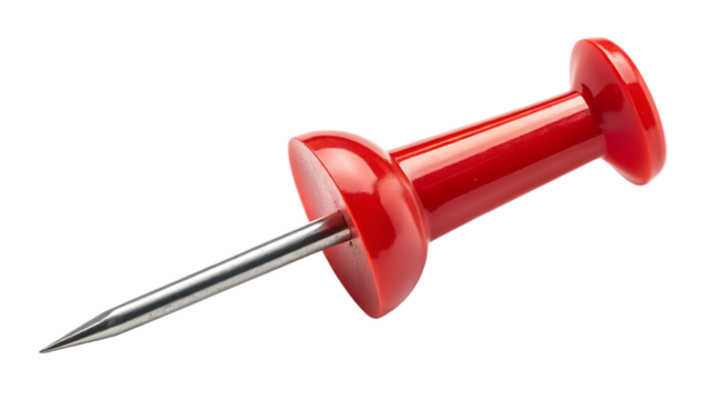 a close up of a single bright red push pin on white background PNG