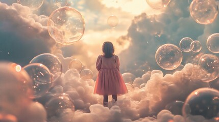 A girl stands amidst clouds and floating soap bubbles in a dreamy scene
