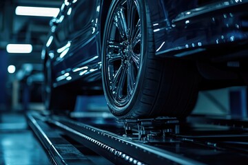 Fototapeta premium Close-up of a dark blue car's wheel on a vehicle alignment machine.