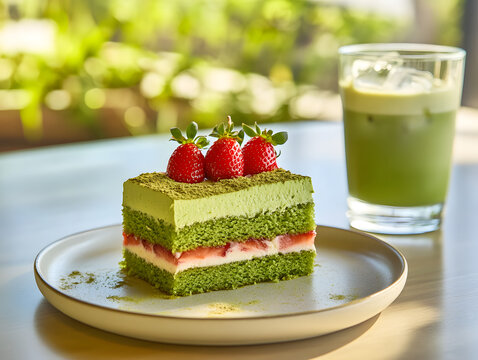 matcha layer cake with matcha latte