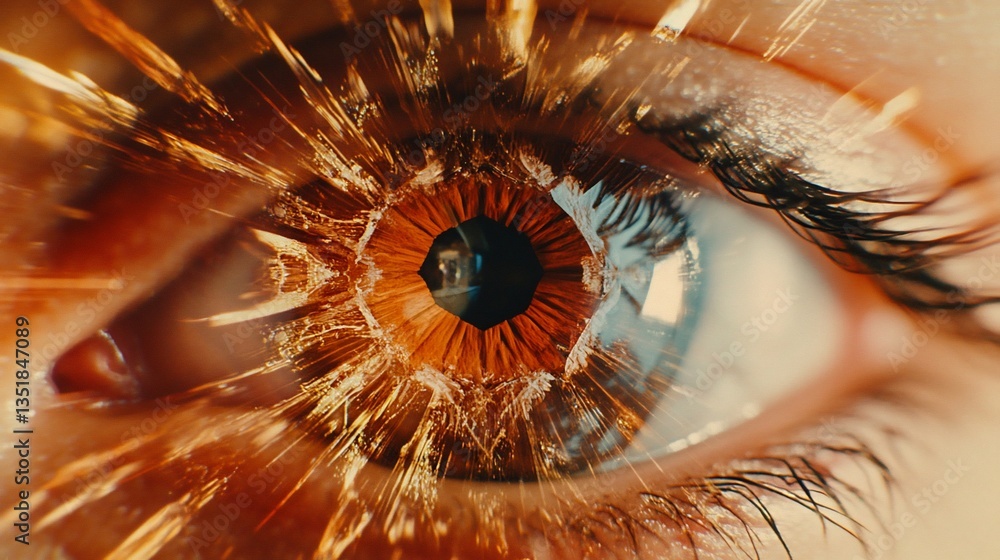 Poster abstract close-up of an eye with a shattered effect overlaid on the iris and around it