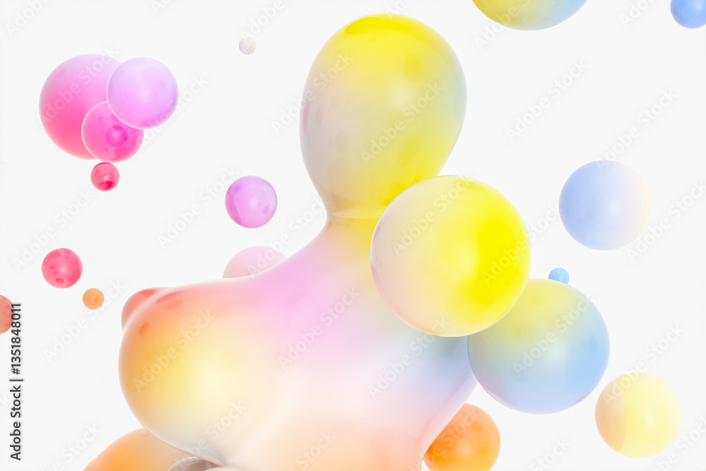 Fototapete Abstract 3d art background with glossy gradient spheres floating. liquid blobs. soap bubbles.