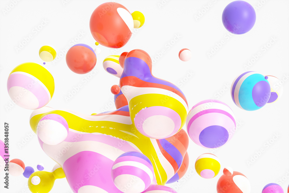 Fototapete Abstract 3d art background with colorful marble spheres floating. liquid blobs. soap bubbles.