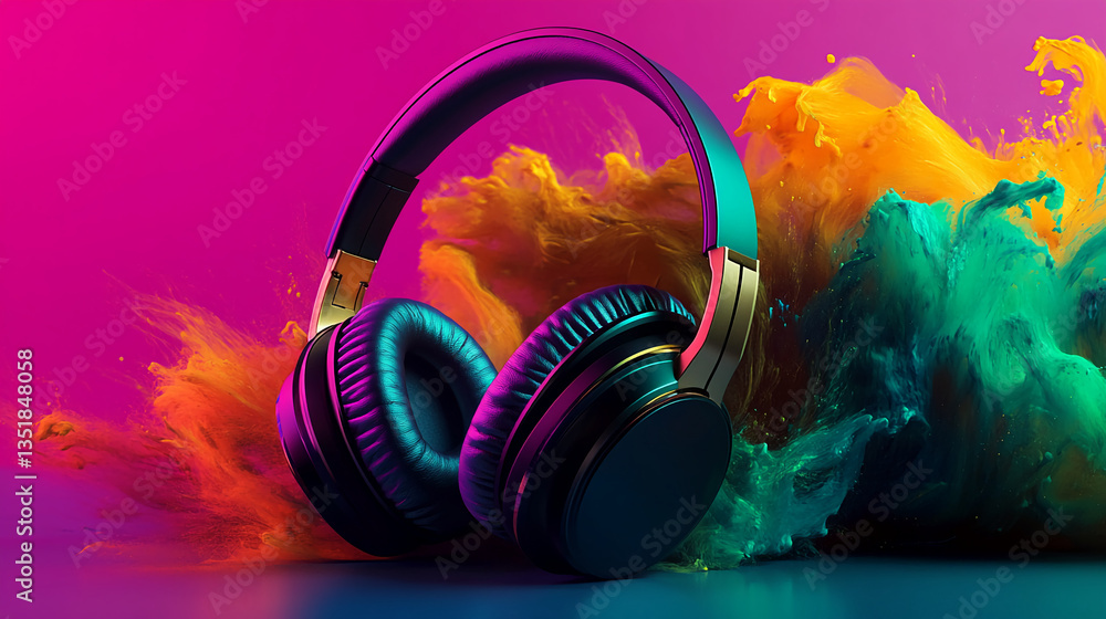 Aufkleber stylish headphones rest against vibrant orange and teal paint splashes, creating a dynamic and energ