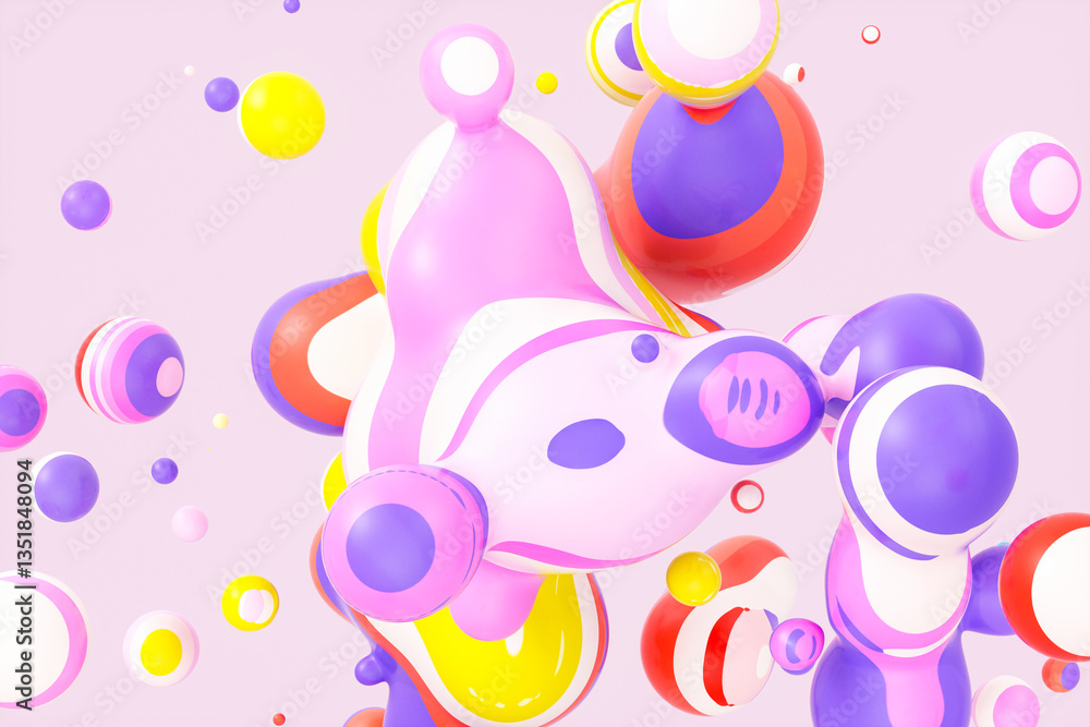 Fototapete Abstract 3d art background with colorful marble spheres floating. liquid blobs. soap bubbles.