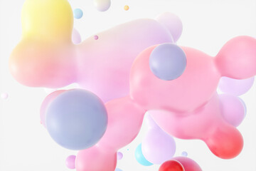 Abstract 3d art background with glossy gradient spheres floating. liquid blobs. soap bubbles.