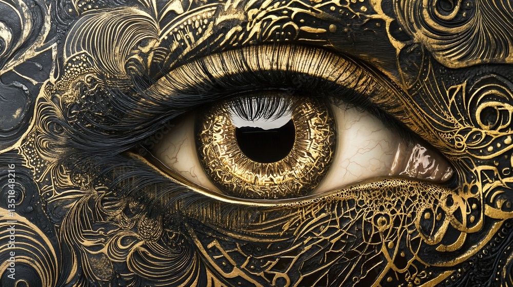 Aufkleber intricate gold pattern and lines forming an eye on a black background with reflection