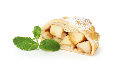 Piece of tasty apple strudel with powdered sugar and mint isolated on white