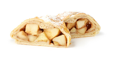 Pieces of tasty apple strudel with powdered sugar isolated on white
